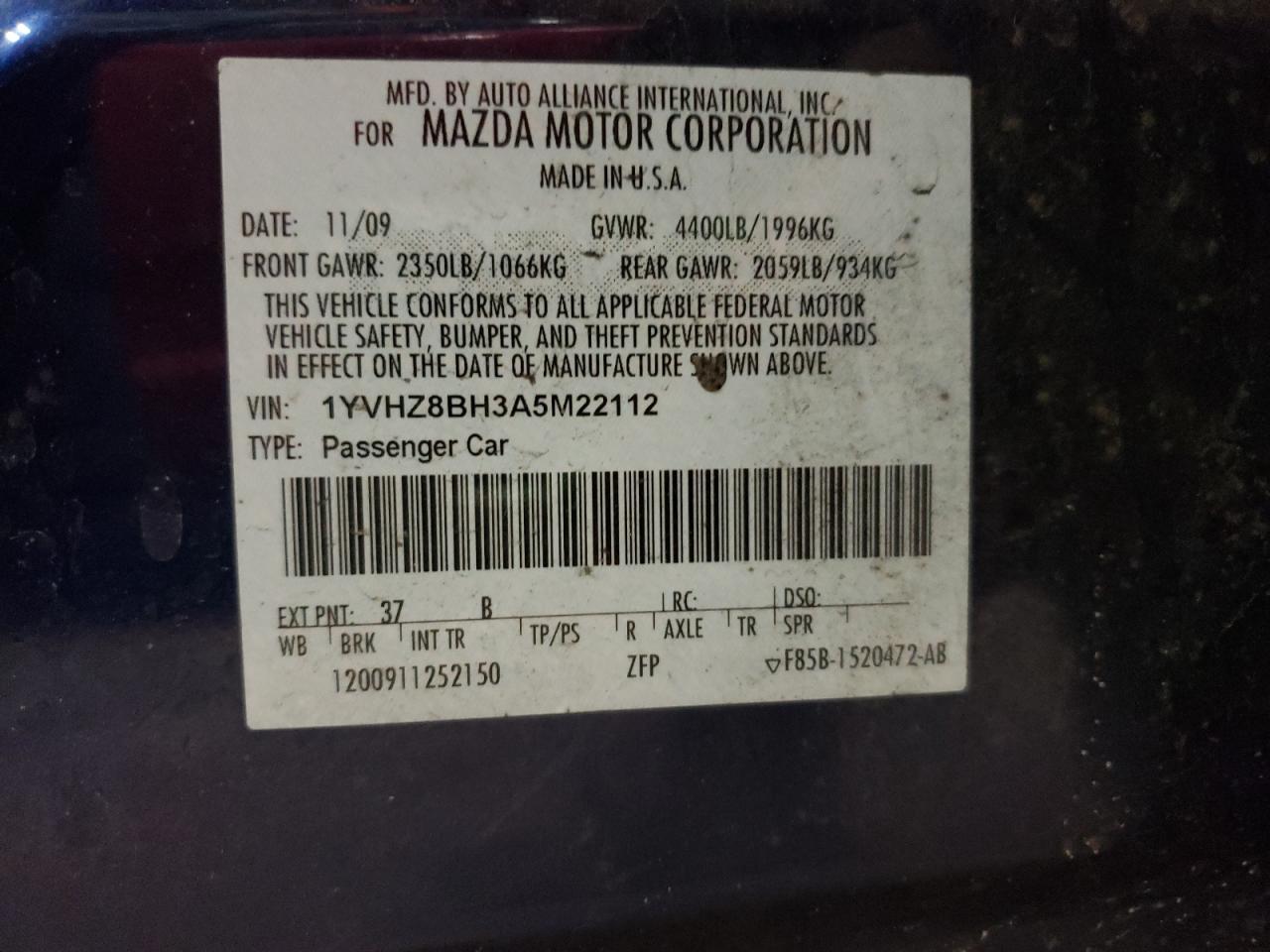 Photo 10 from auction – 2010 MAZDA 6 I with VIN 1YVHZ8BH3A5M22112