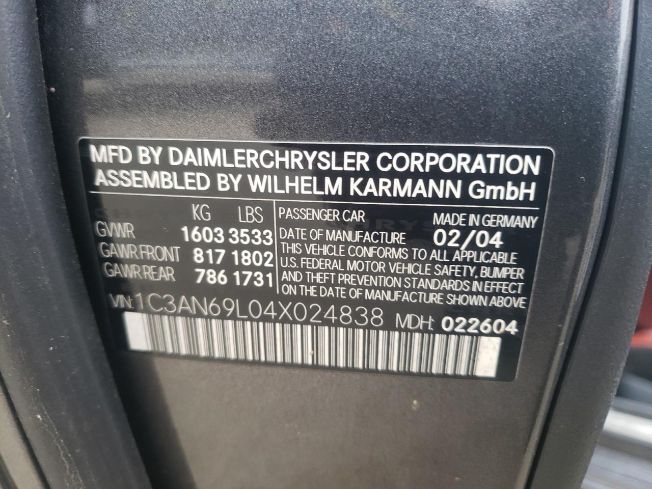 Photo 10 from auction – 2004 CHRYSLER CROSSFIRE with VIN 1C3AN69L04X024838