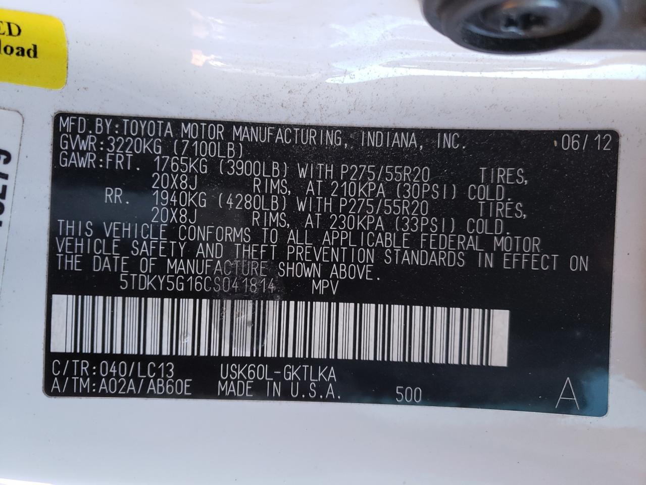 Photo 10 from auction – 2012 TOYOTA SEQUOIA LI with VIN 5TDKY5G16CS041814