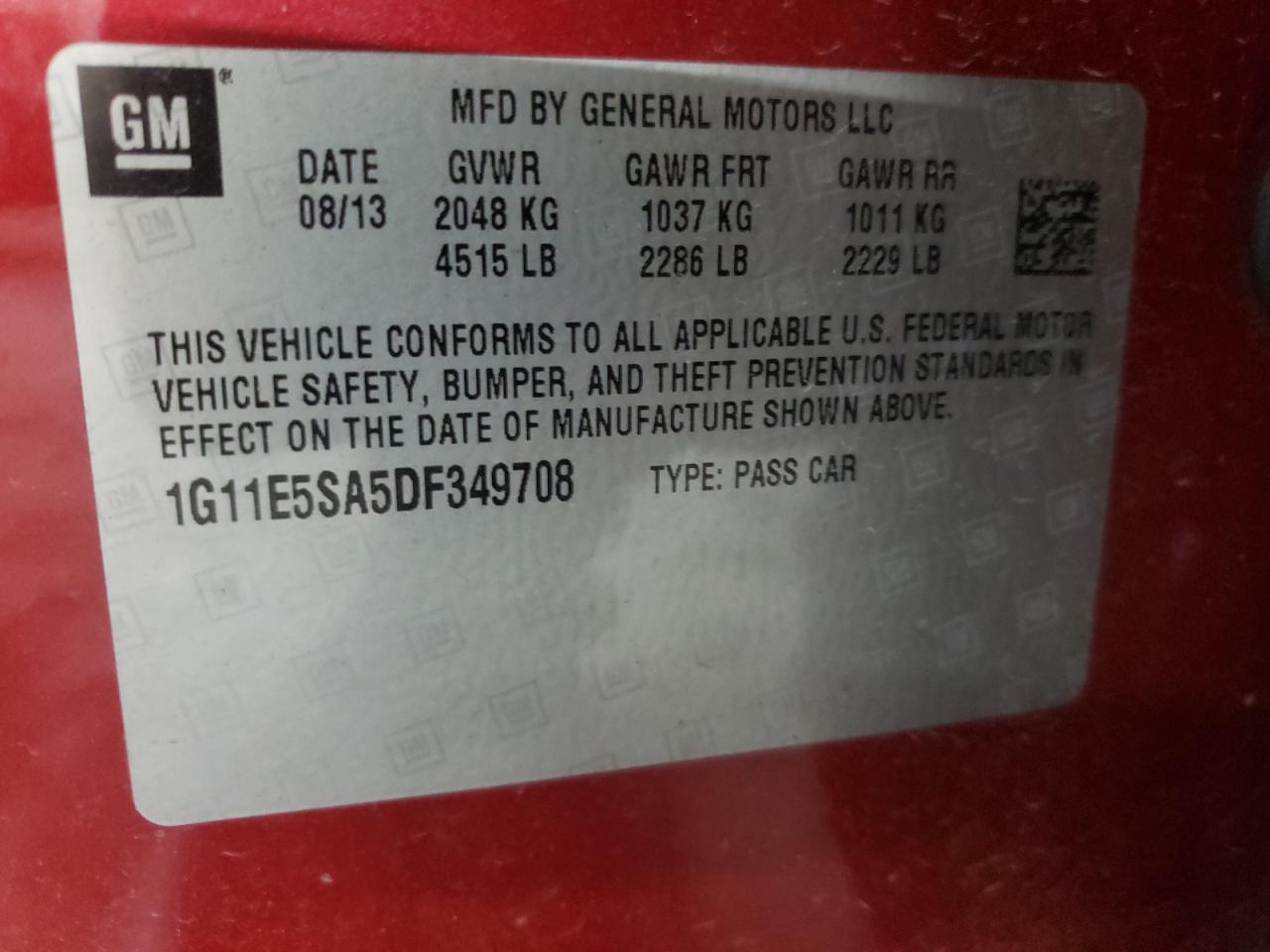 Photo 10 from auction – 2013 CHEVROLET MALIBU 2LT with VIN 1G11E5SA5DF349708
