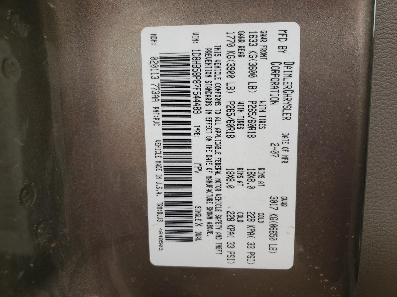 Photo 10 from auction – 2007 DODGE DURANGO LI with VIN 1D8HB58P87F544489