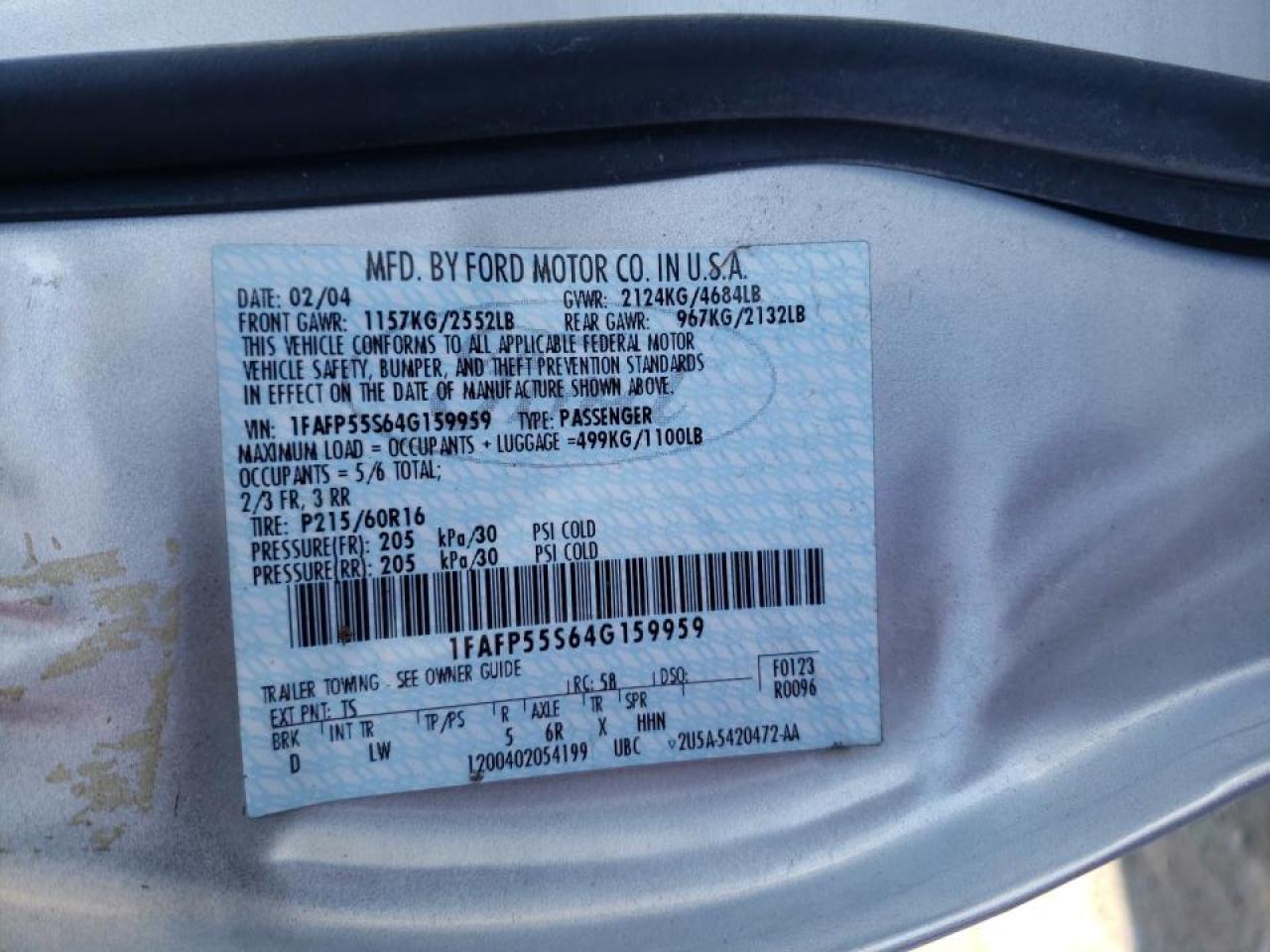 Photo 10 from auction – 2004 FORD TAURUS SES with VIN 1FAFP55S64G159959
