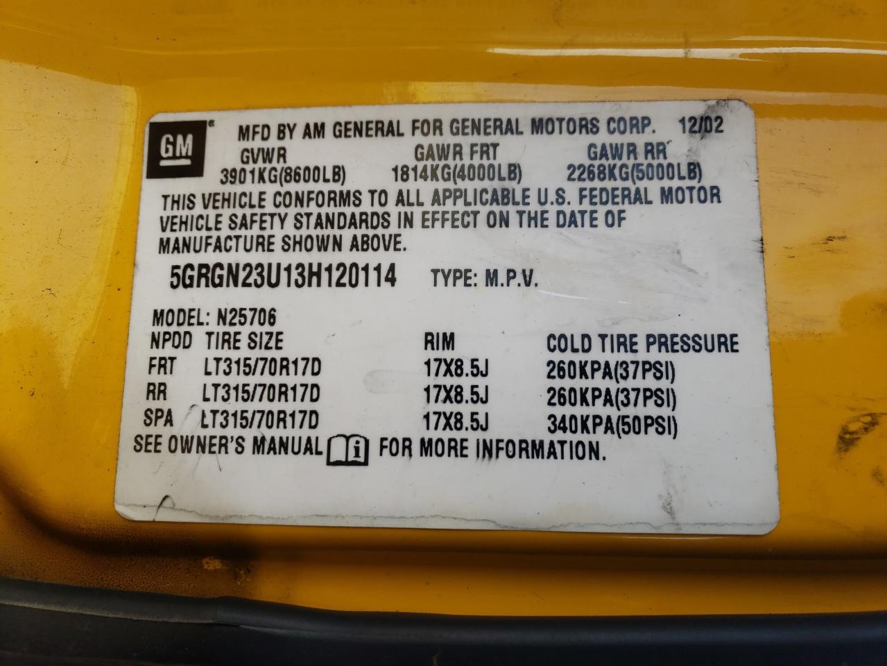 Photo 10 from auction – 2003 HUMMER H2 with VIN 5GRGN23U13H120114