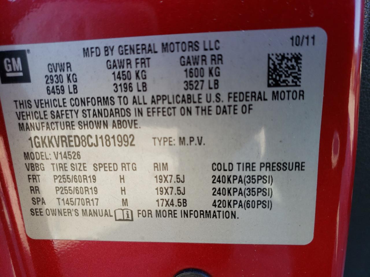 Photo 10 from auction – 2012 GMC ACADIA SLT with VIN 1GKKVRED8CJ181992