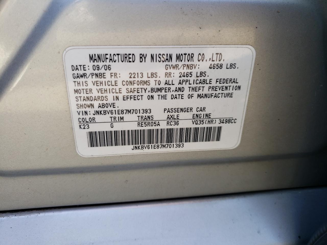 Photo 10 from auction – 2007 INFINITI G35 with VIN JNKBV61E87M701393