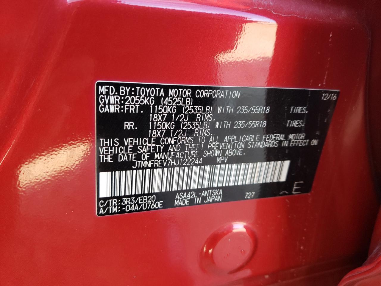 Photo 10 from auction – 2017 TOYOTA RAV4 SE with VIN JTMNFREV7HJ122244