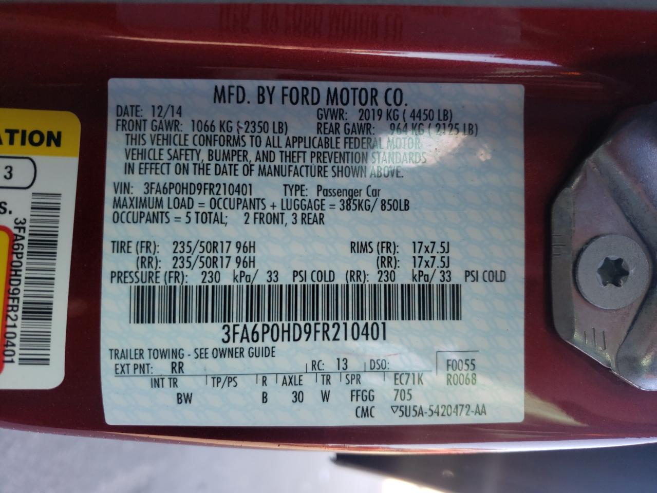 Photo 10 from auction – 2015 FORD FUSION SE with VIN 3FA6P0HD9FR210401