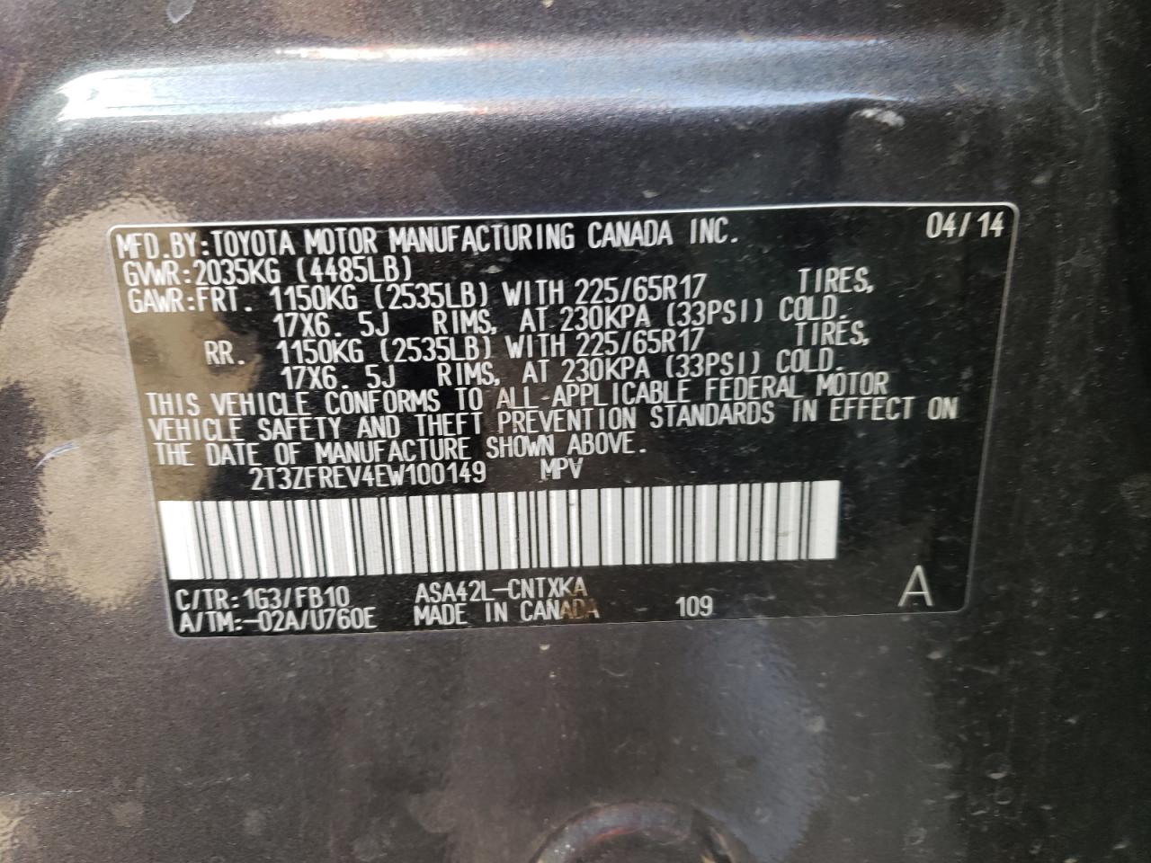 Photo 10 from auction – 2014 TOYOTA RAV4 LE with VIN 2T3ZFREV4EW100149