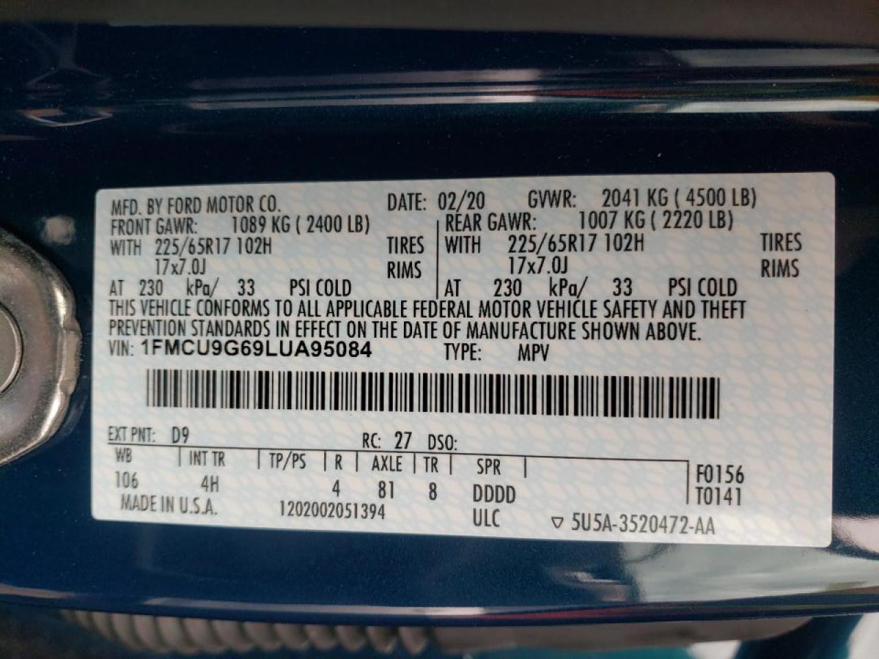 Photo 10 from auction – 2020 FORD ESCAPE SE with VIN 1FMCU9G69LUA95084