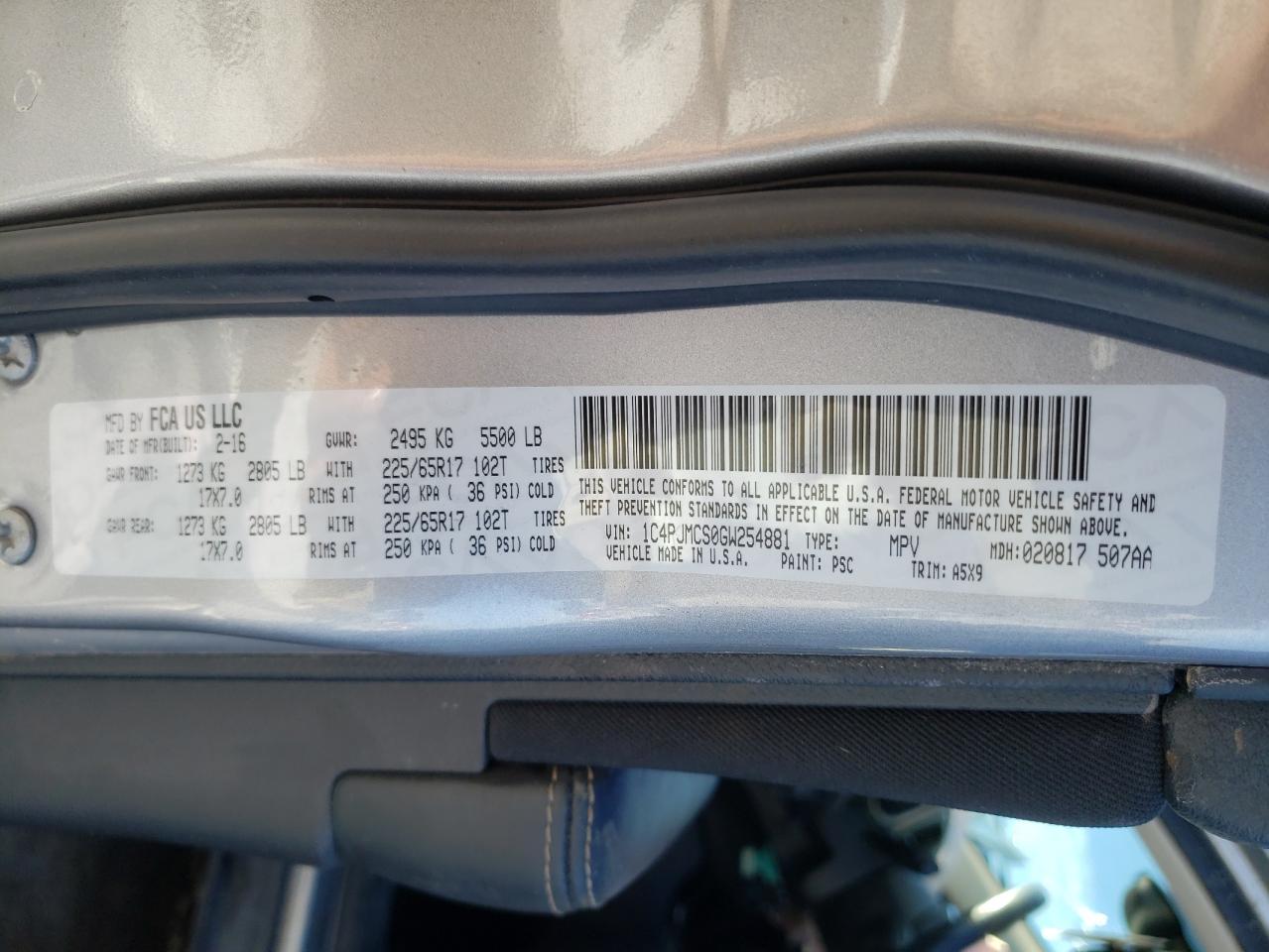 Photo 10 from auction – 2016 JEEP CHEROKEE L with VIN 1C4PJMCS0GW254881