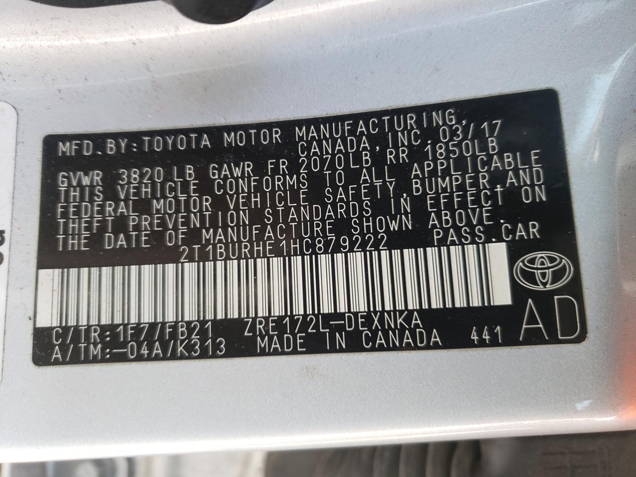 Photo 10 from auction – 2017 TOYOTA COROLLA SE with VIN 2T1BURHE1HC879222