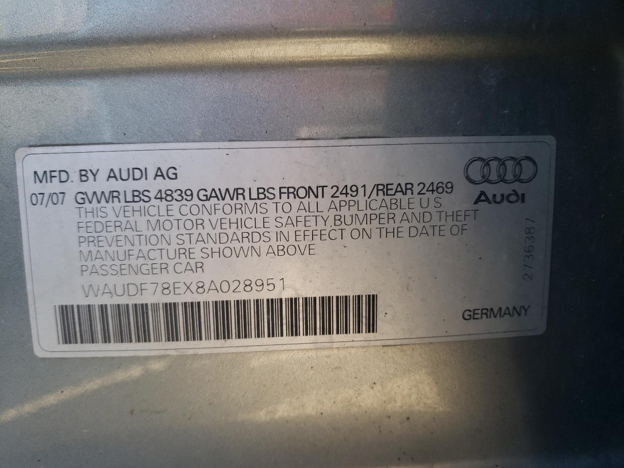 Photo 10 from auction – 2008 AUDI A4 2.0T QU with VIN WAUDF78EX8A028951