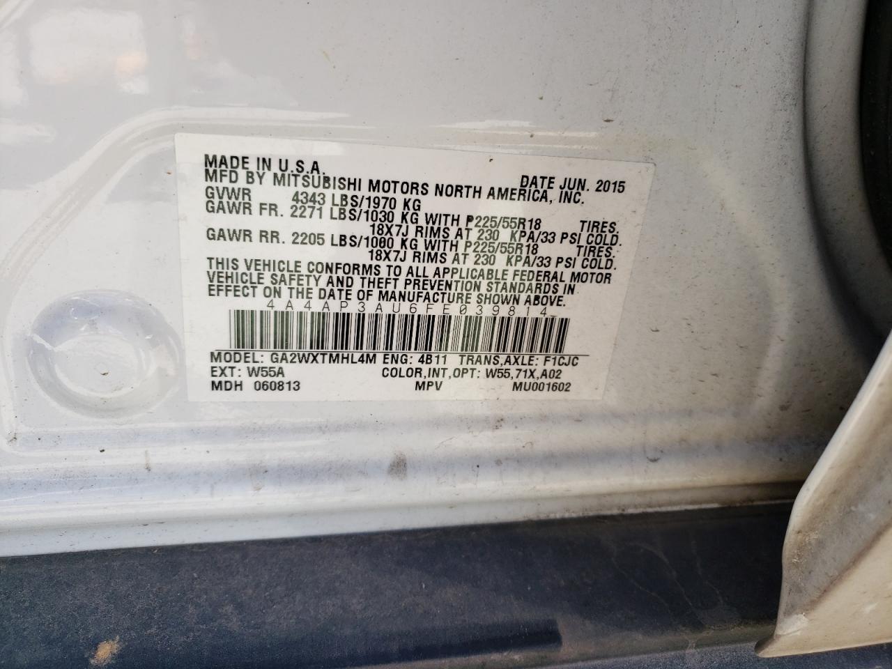 Photo 10 from auction – 2015 MITSUBISHI OUTLANDER with VIN 4A4AP3AU6FE039814