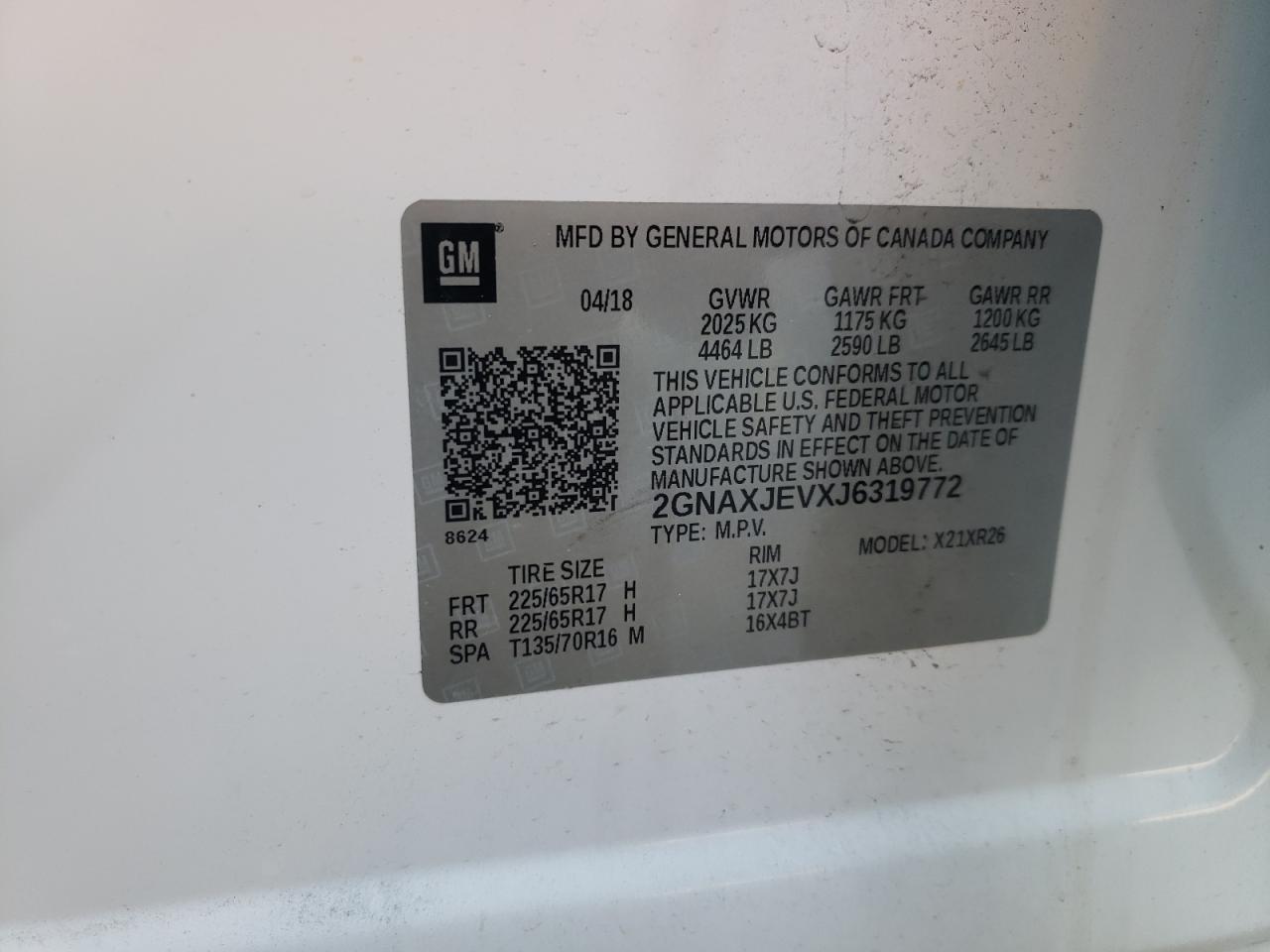 Photo 10 from auction – 2018 CHEVROLET EQUINOX LT with VIN 2GNAXJEVXJ6319772