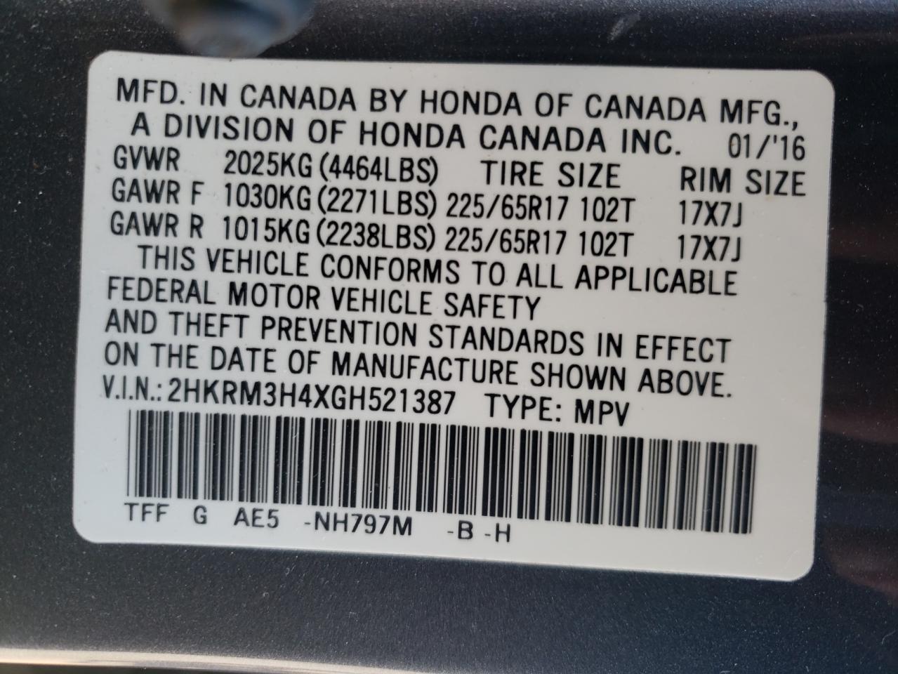 Photo 10 from auction – 2016 HONDA CR-V SE with VIN 2HKRM3H4XGH521387