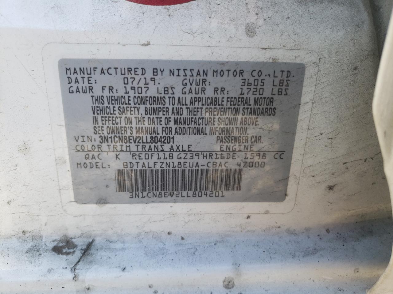 Photo 10 from auction – 2020 NISSAN VERSA SV with VIN 3N1CN8EV2LL804201