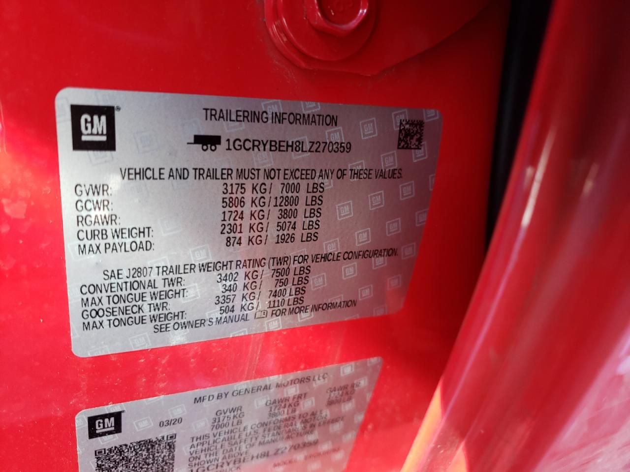 Photo 10 from auction – 2020 CHEVROLET SILVERADO with VIN 1GCRYBEH8LZ270359