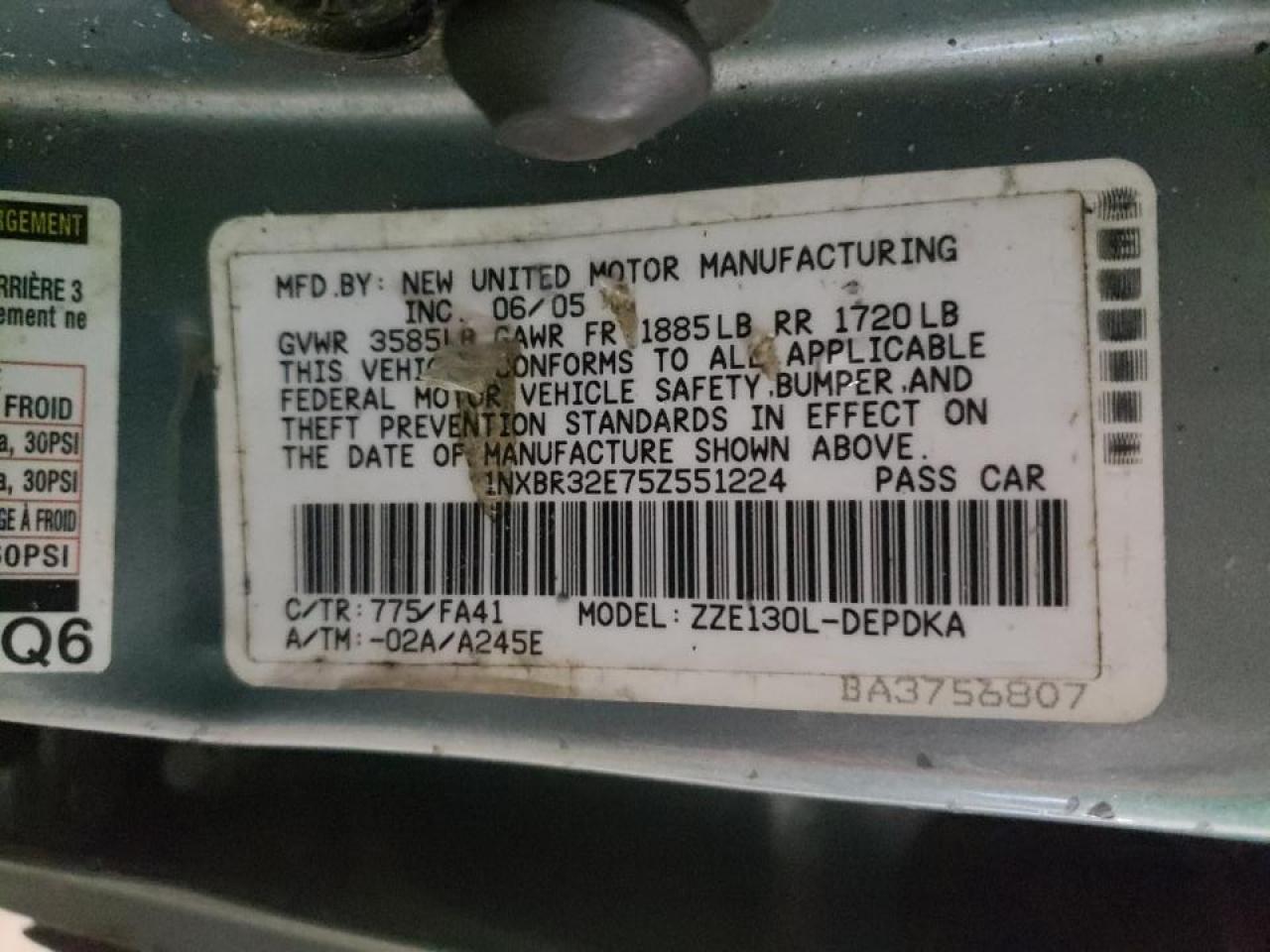 Photo 10 from auction – 2005 TOYOTA COROLLA CE with VIN 1NXBR32E75Z551224