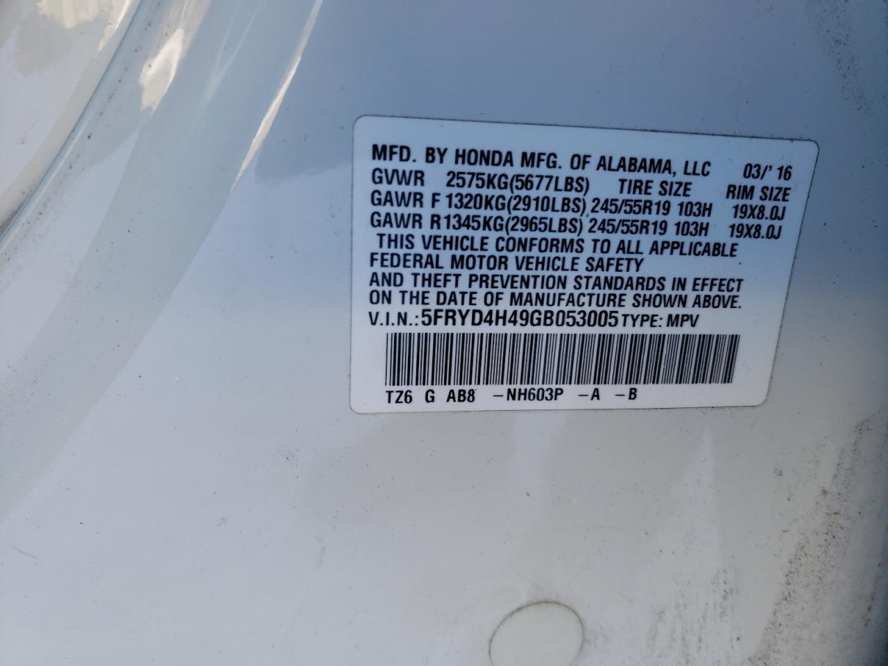Photo 10 from auction – 2016 ACURA MDX TECHNO with VIN 5FRYD4H49GB053005