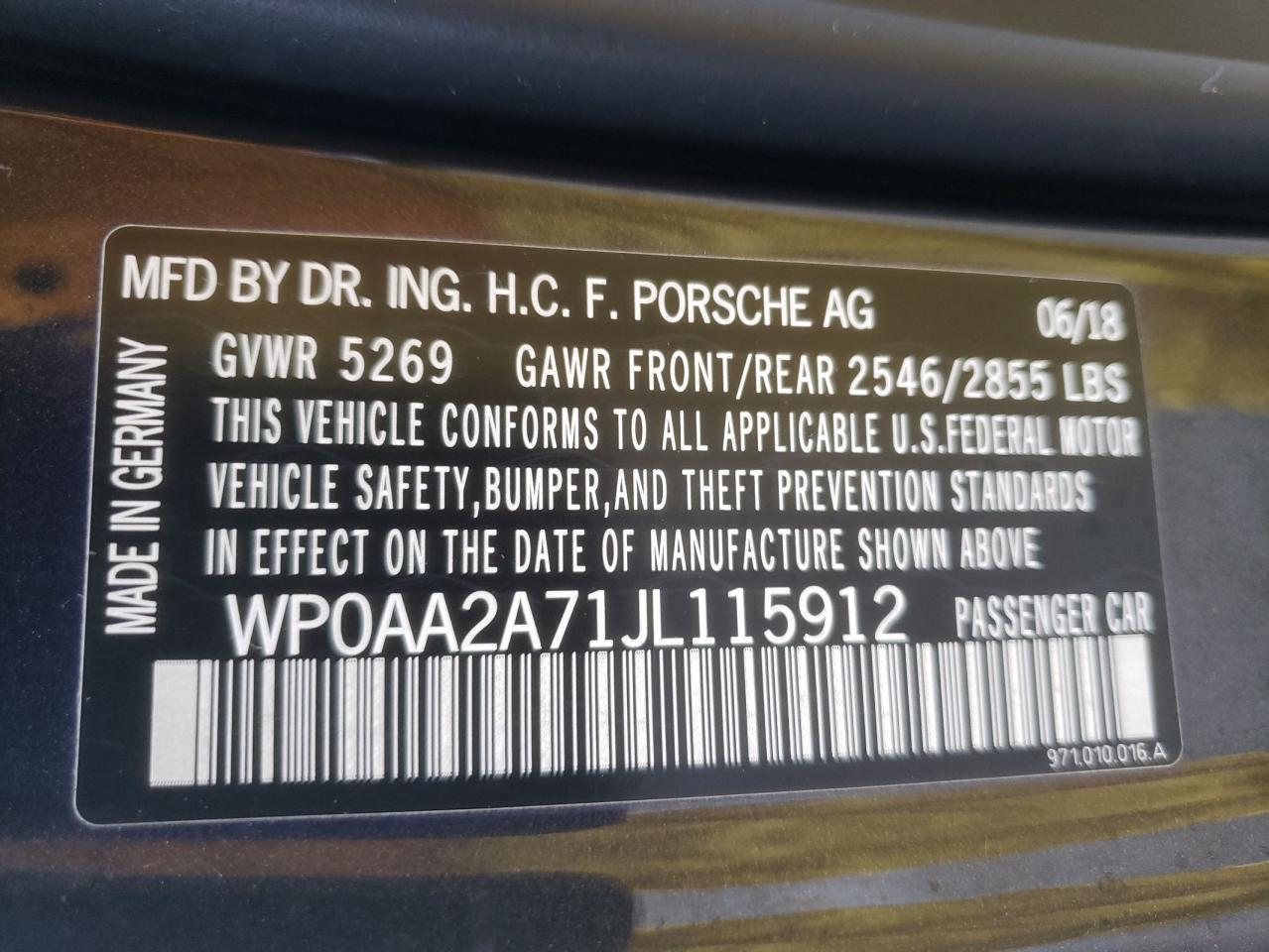 Photo 10 from auction – 2018 PORSCHE PANAMERA 4 with VIN WP0AA2A71JL115912