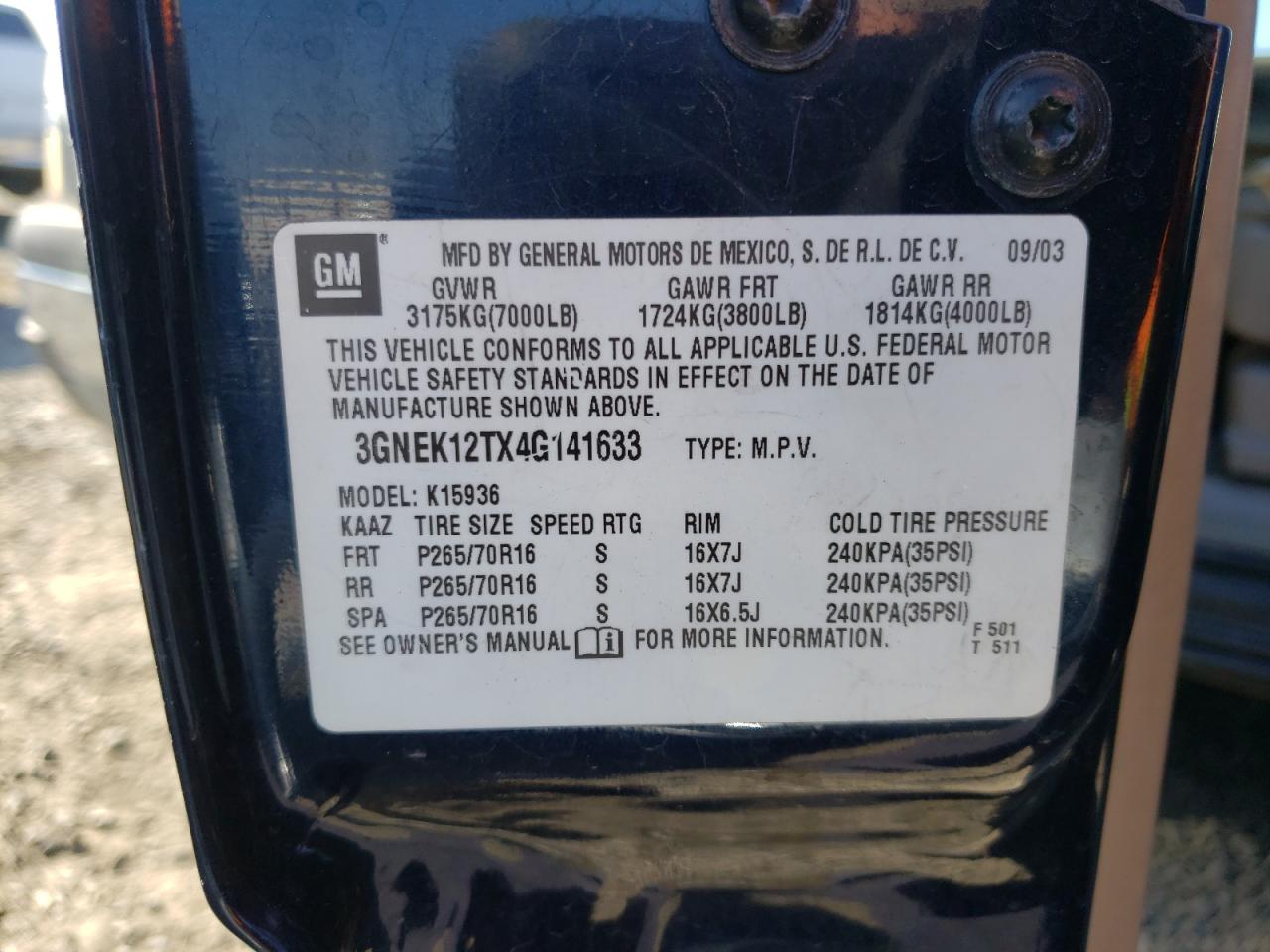 Photo 10 from auction – 2004 CHEVROLET AVALANCHE with VIN 3GNEK12TX4G141633