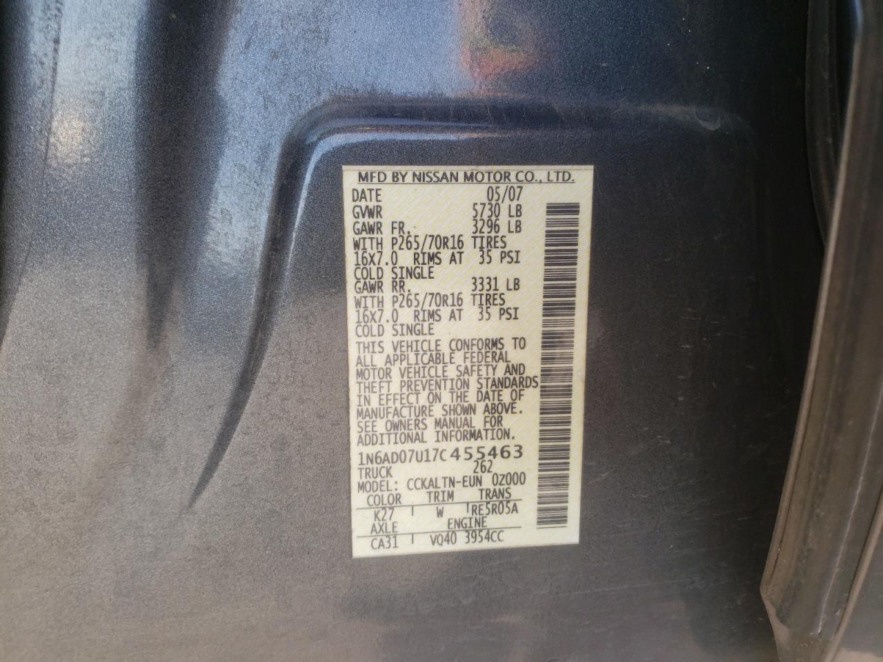 Photo 10 from auction – 2007 NISSAN FRONTIER C with VIN 1N6AD07U17C455463