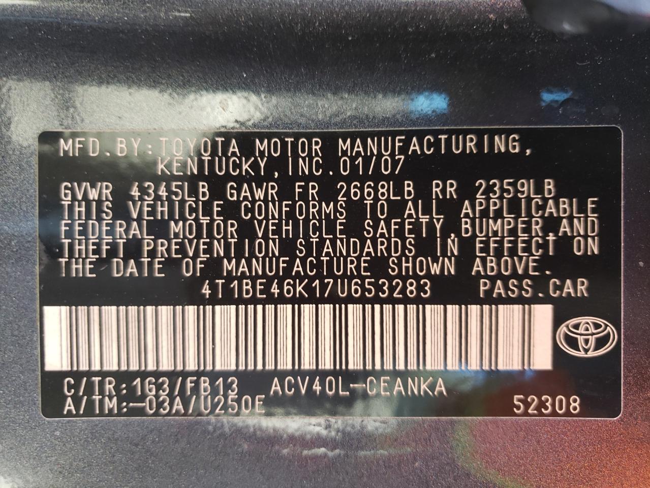 Photo 10 from auction – 2007 TOYOTA CAMRY CE with VIN 4T1BE46K17U653283