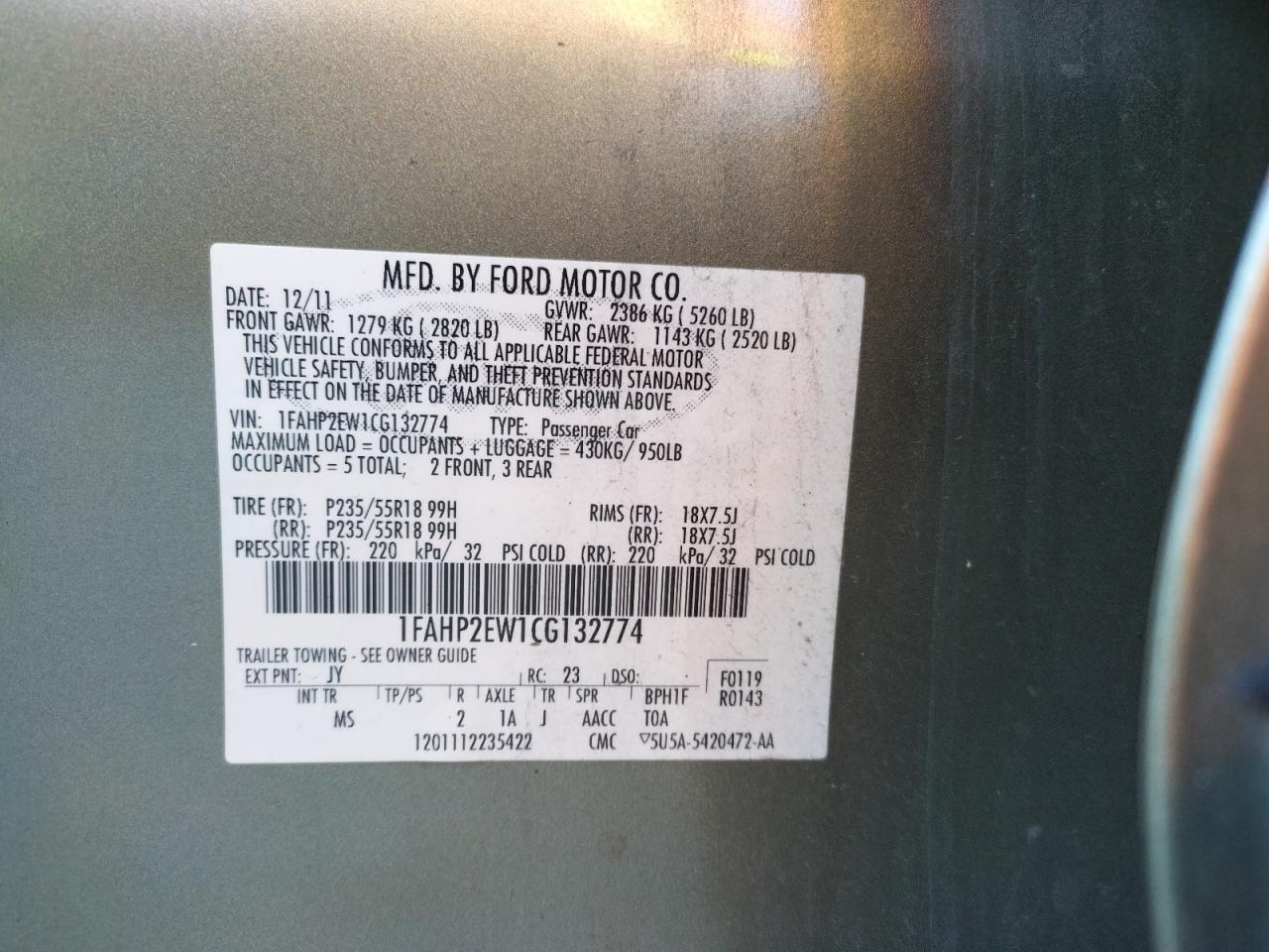 Photo 10 from auction – 2012 FORD TAURUS SEL with VIN 1FAHP2EW1CG132774
