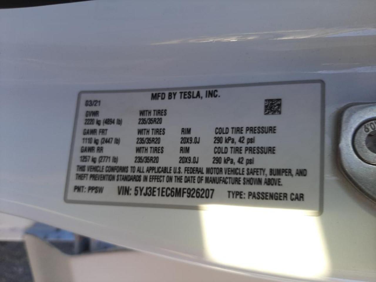 Photo 10 from auction – 2021 TESLA MODEL 3 with VIN 5YJ3E1EC6MF926207