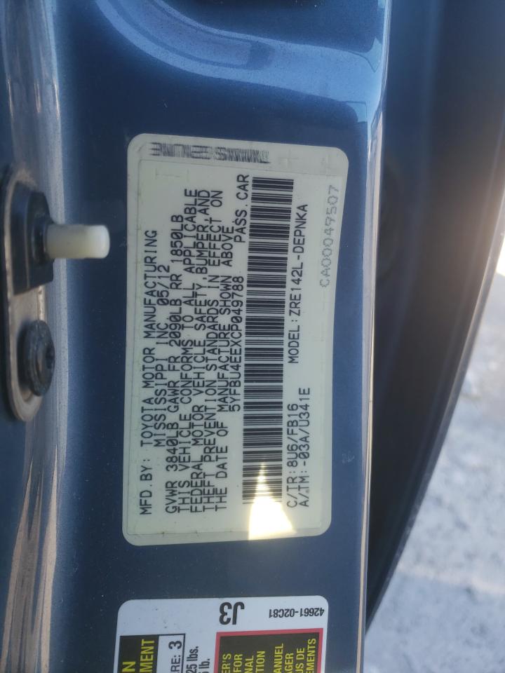 Photo 10 from auction – 2012 TOYOTA COROLLA with VIN 5YFBU4EEXCP049788