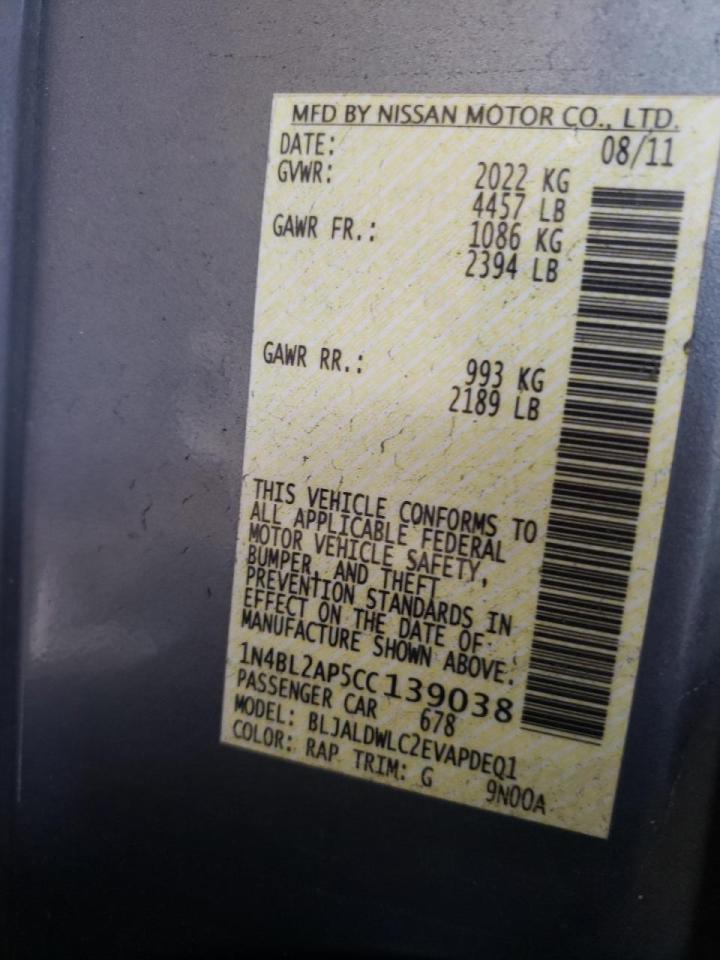 Photo 10 from auction – 2012 NISSAN ALTIMA SR with VIN 1N4BL2AP5CC139038