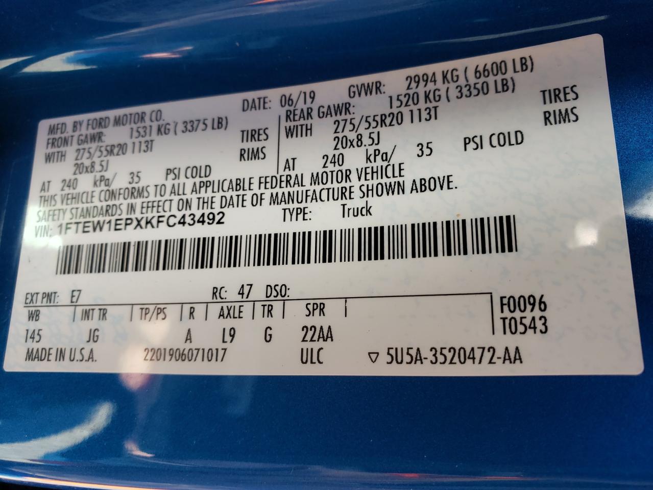 Photo 10 from auction – 2019 FORD F150 SUPER with VIN 1FTEW1EPXKFC43492