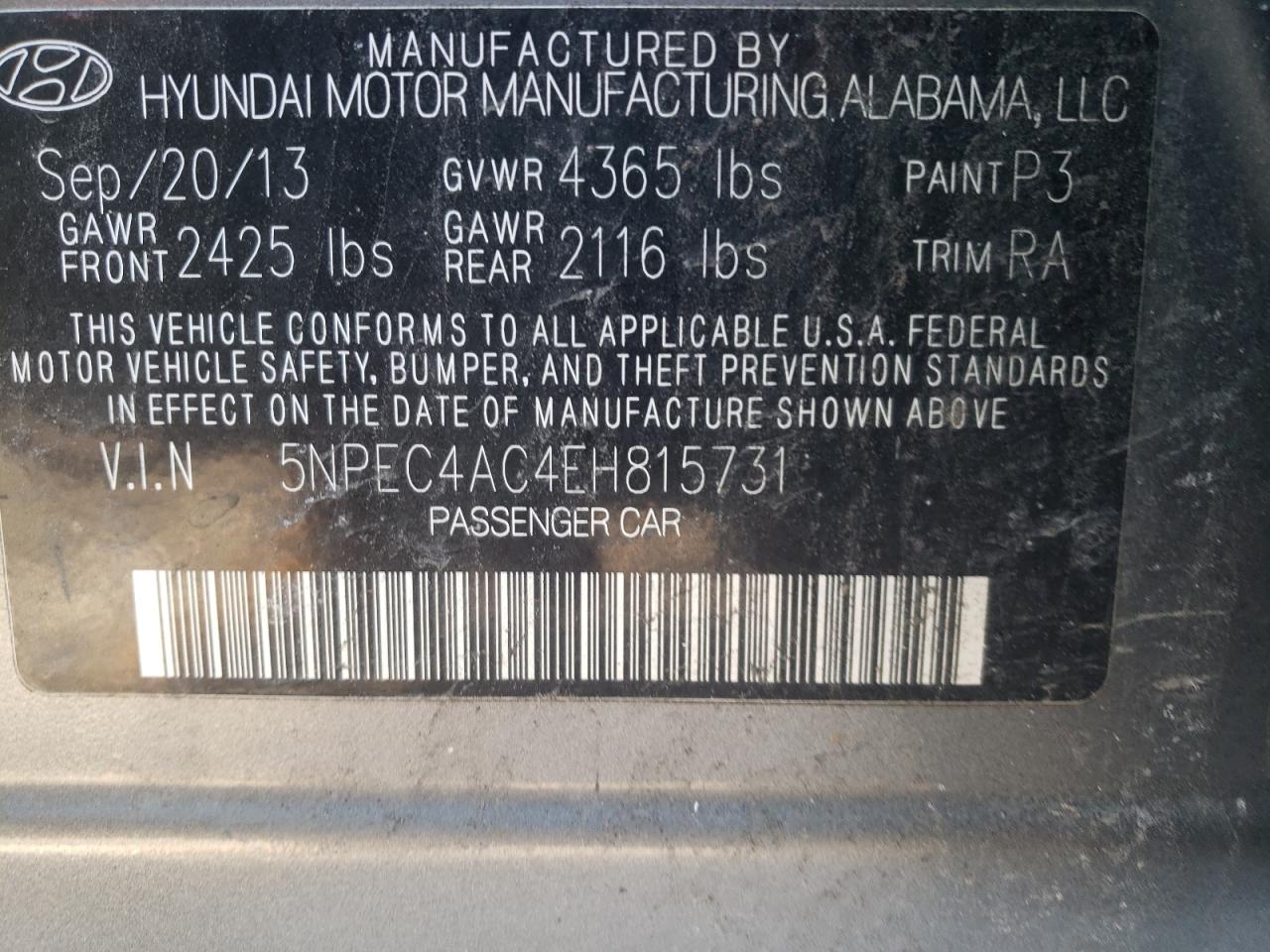 Photo 10 from auction – 2014 HYUNDAI SONATA SE with VIN 5NPEC4AC4EH815731