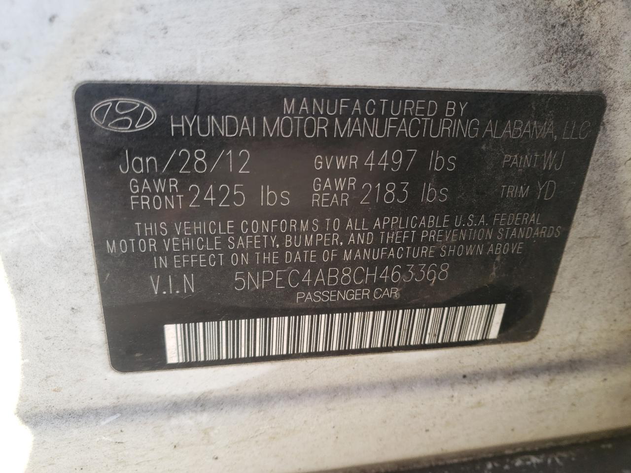 Photo 10 from auction – 2012 HYUNDAI SONATA SE with VIN 5NPEC4AB8CH463368