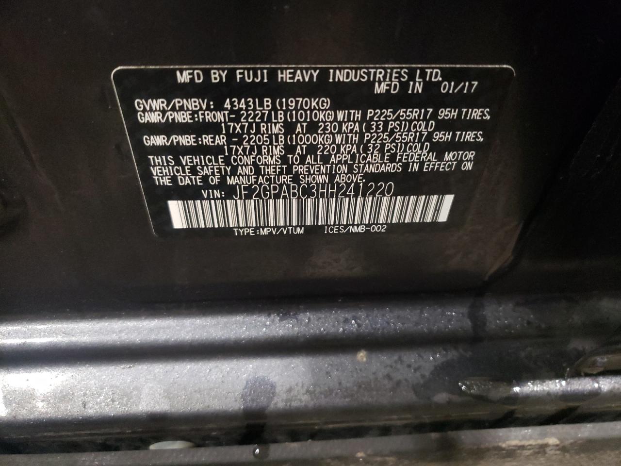 Photo 10 from auction – 2017 SUBARU CROSSTREK with VIN JF2GPABC3HH241220