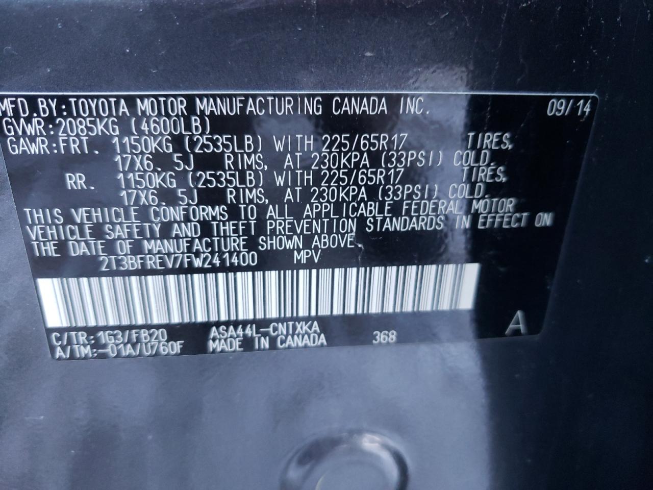 Photo 10 from auction – 2015 TOYOTA RAV4 LE with VIN 2T3BFREV7FW241400