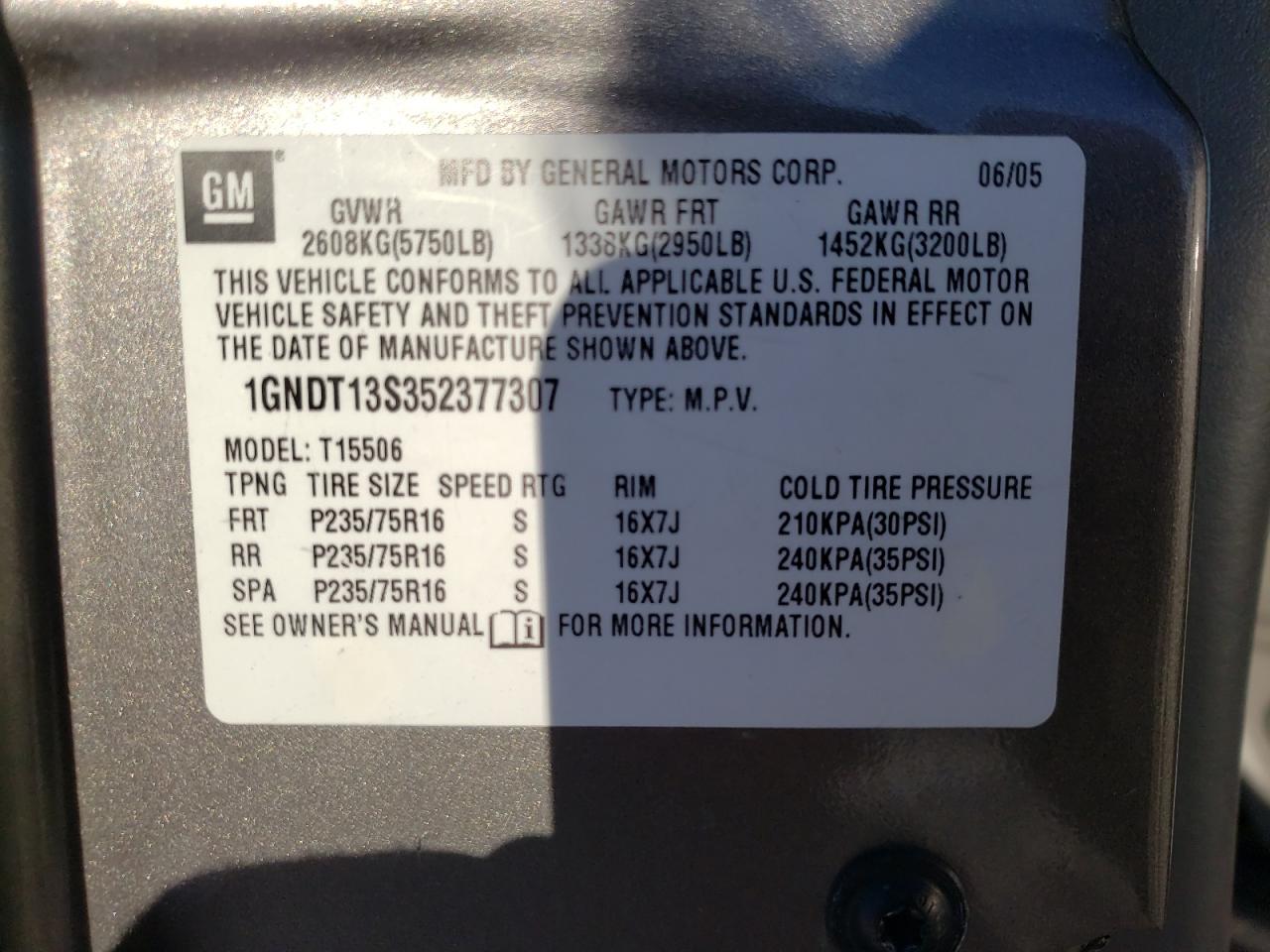 Photo 10 from auction – 2005 CHEVROLET TRAILBLAZE with VIN 1GNDT13S352377307