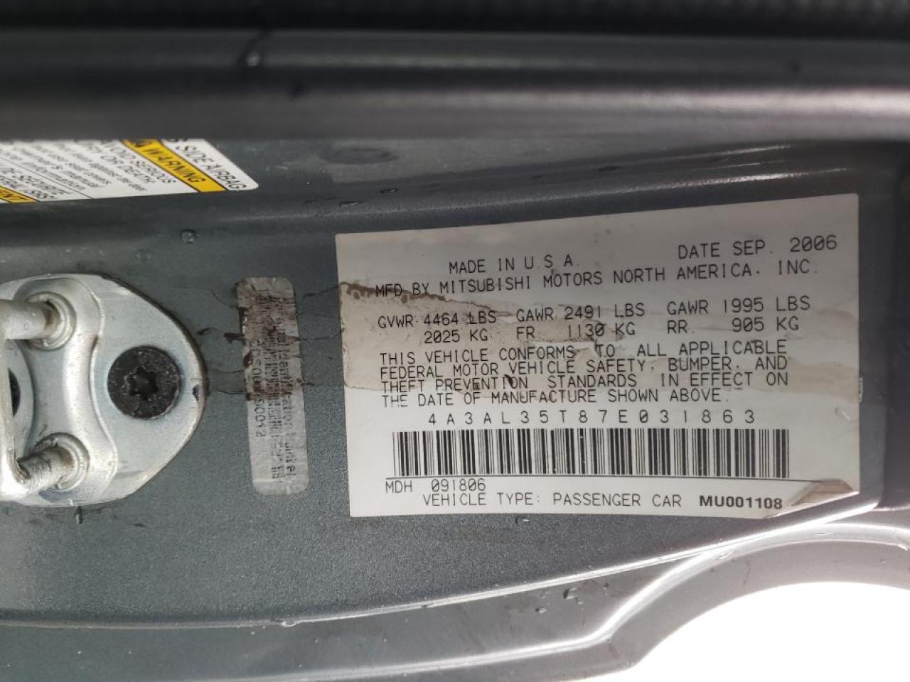Photo 10 from auction – 2007 MITSUBISHI ECLIPSE SP with VIN 4A3AL35T87E031863