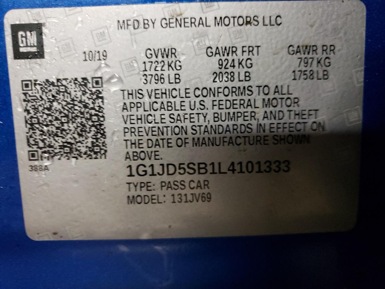 Photo 10 from auction – 2020 CHEVROLET SONIC LT with VIN 1G1JD5SB1L4101333