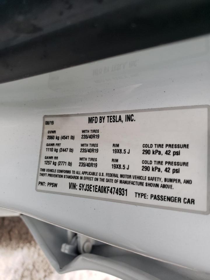 Photo 10 from auction – 2019 TESLA MODEL 3 with VIN 5YJ3E1EA0KF474931