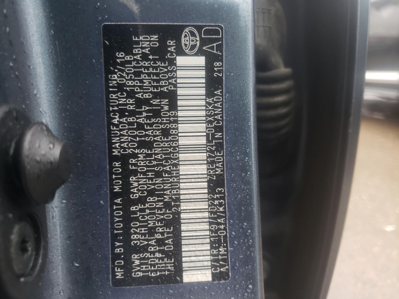 Photo 10 from auction – 2016 TOYOTA COROLLA L with VIN 2T1BURHEXGC608819