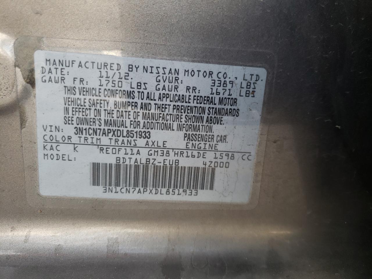 Photo 10 from auction – 2013 NISSAN VERSA S with VIN 3N1CN7APXDL851933
