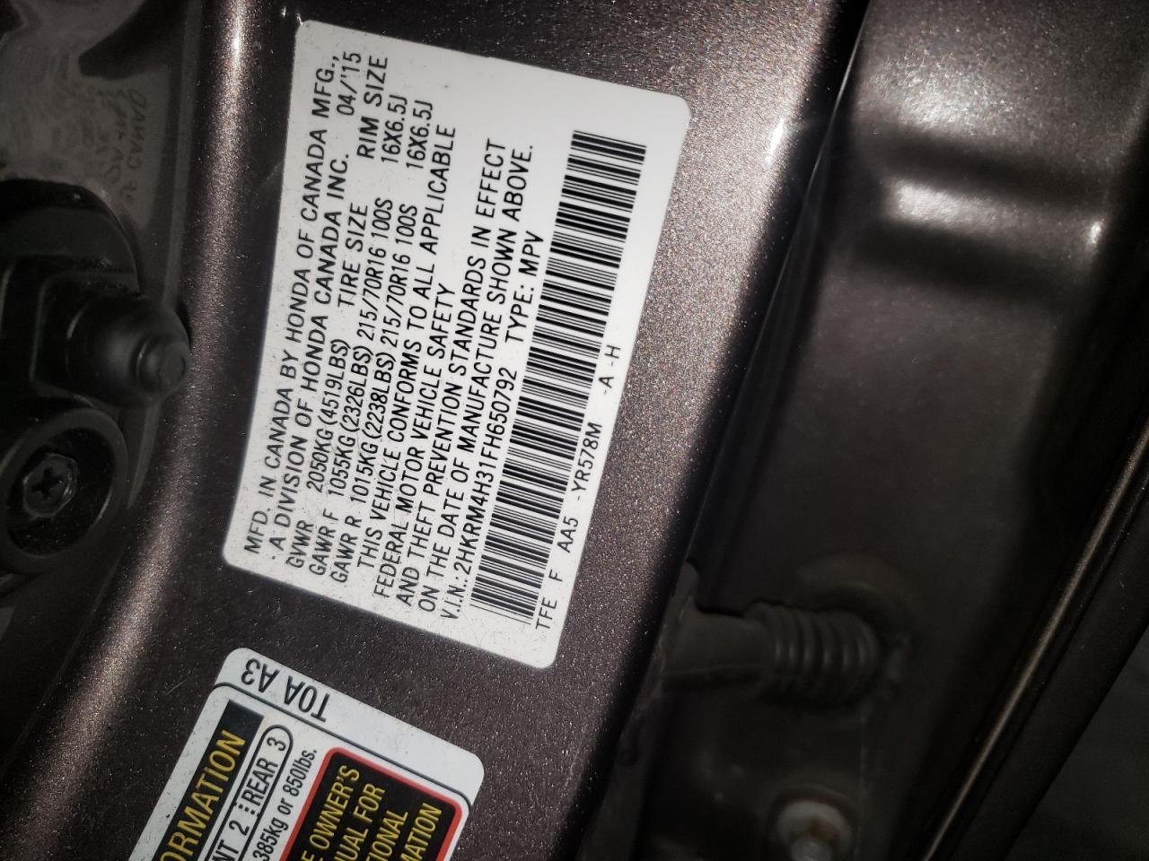 Photo 10 from auction – 2015 HONDA CR-V LX with VIN 2HKRM4H31FH650792