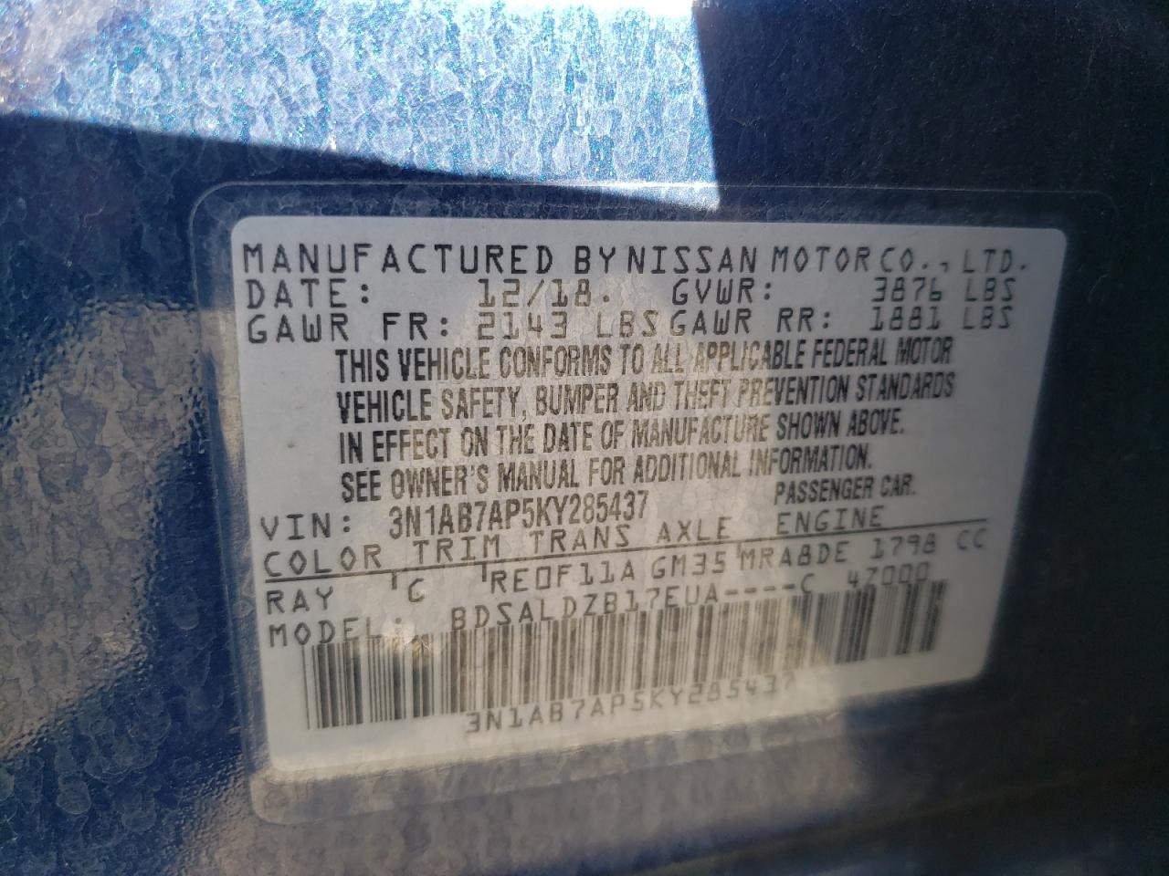 Photo 10 from auction – 2019 NISSAN SENTRA S with VIN 3N1AB7AP5KY285437