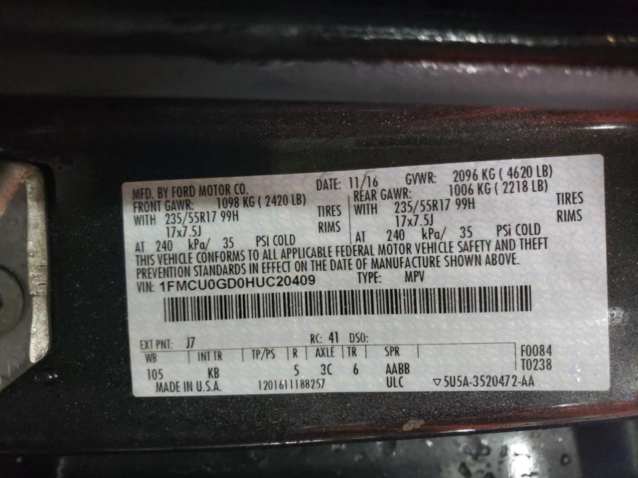 Photo 10 from auction – 2017 FORD ESCAPE SE with VIN 1FMCU0GD0HUC20409