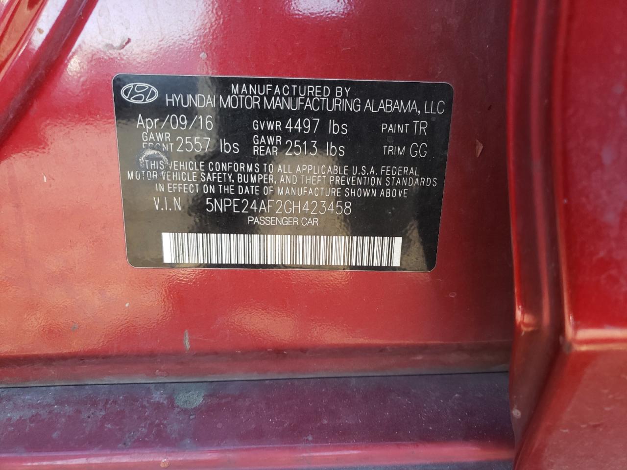 Photo 10 from auction – 2016 HYUNDAI SONATA SE with VIN 5NPE24AF2GH423458