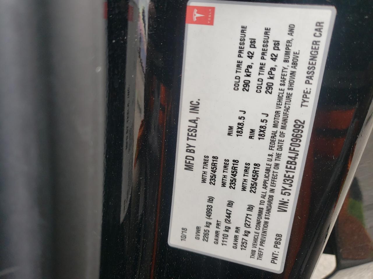 Photo 10 from auction – 2018 TESLA MODEL 3 with VIN 5YJ3E1EB4JF096992