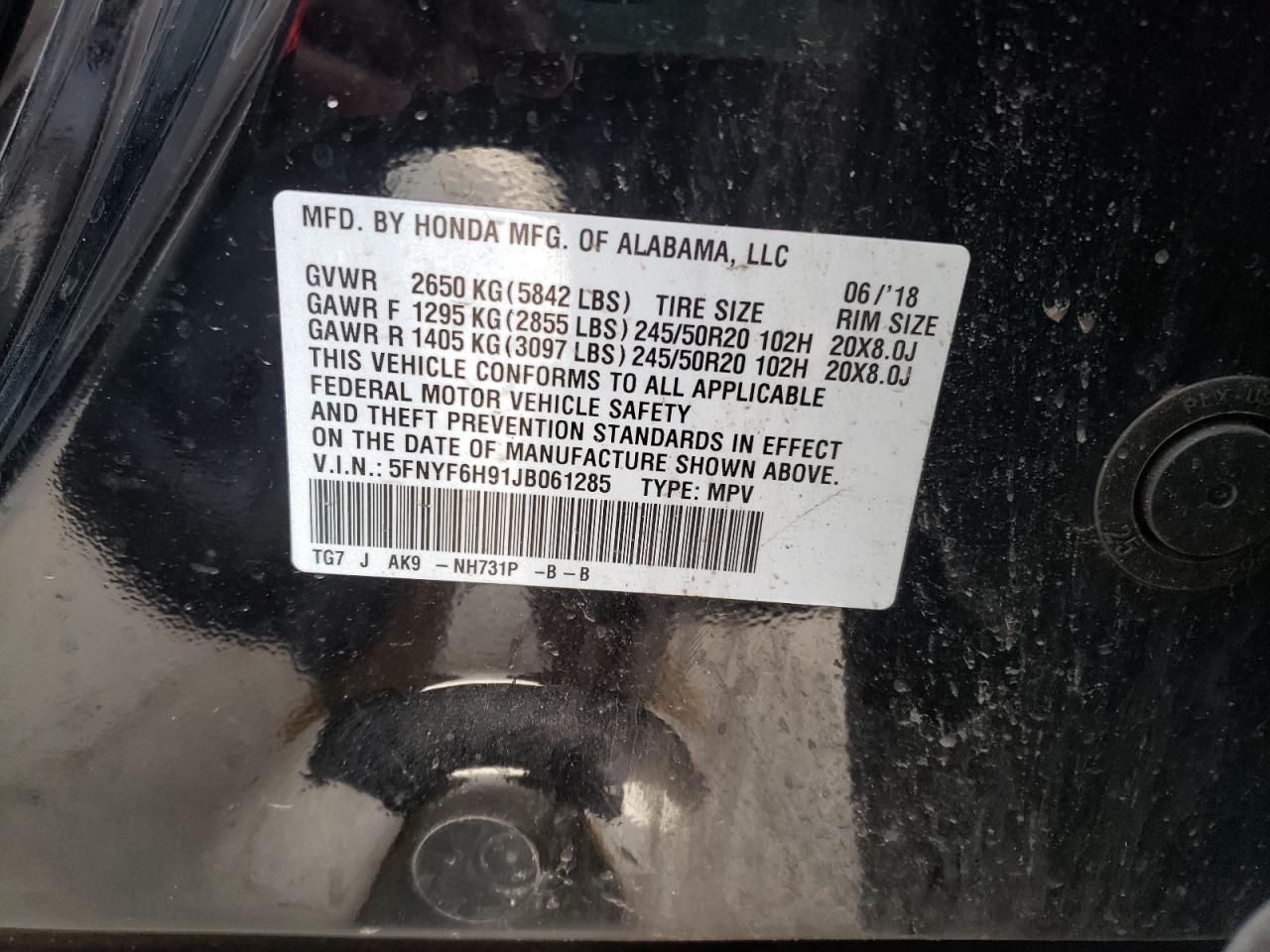 Photo 10 from auction – 2018 HONDA PILOT with VIN 5FNYF6H91JB061285