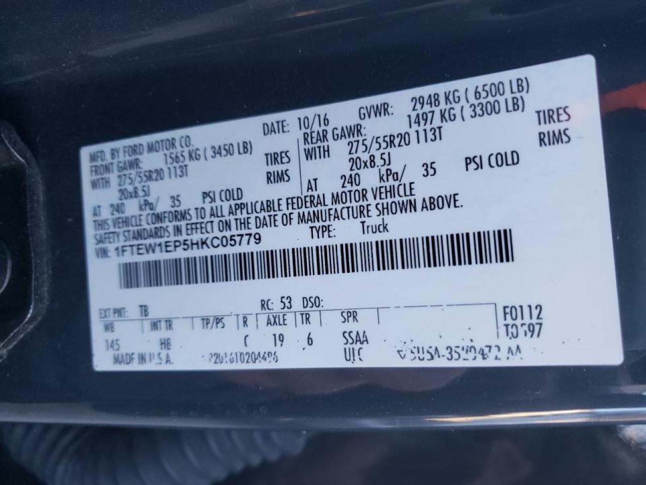 Photo 10 from auction – 2017 FORD F150 SUPER with VIN 1FTEW1EP5HKC05779