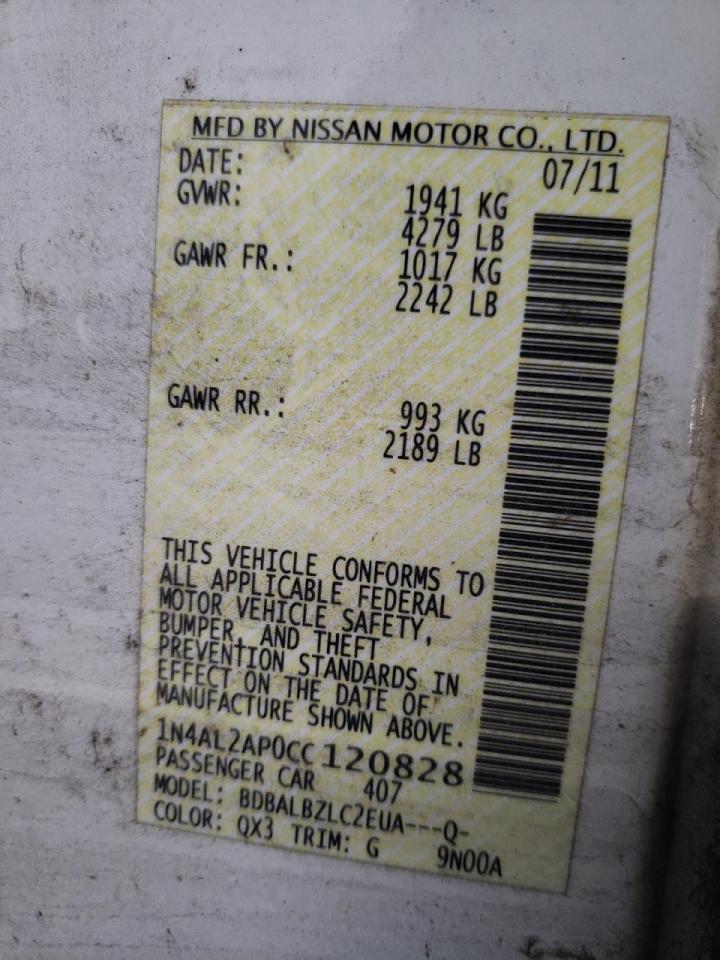 Photo 10 from auction – 2012 NISSAN ALTIMA BAS with VIN 1N4AL2AP0CC120828